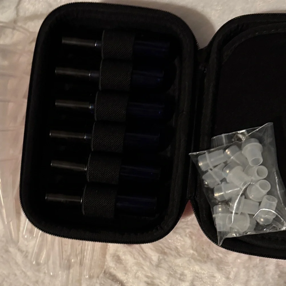 Pink and Black Travel Case with 12 Blue Roll On Bottles with Funnels Pipettes